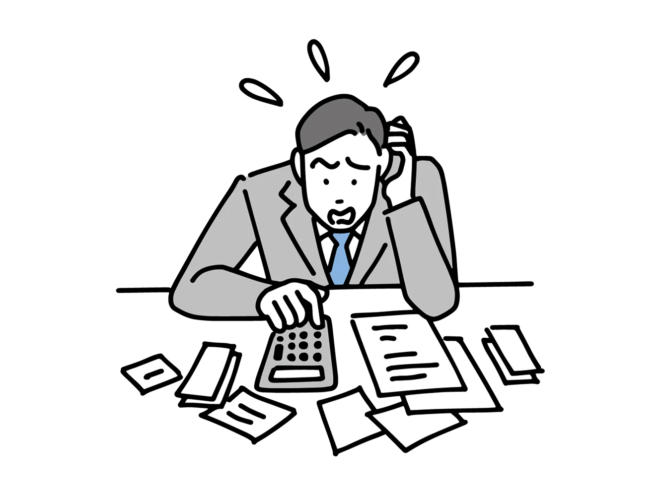 机上に散らばった紙片に囲まれ電卓を片手に頭を抱えるビジネスマン